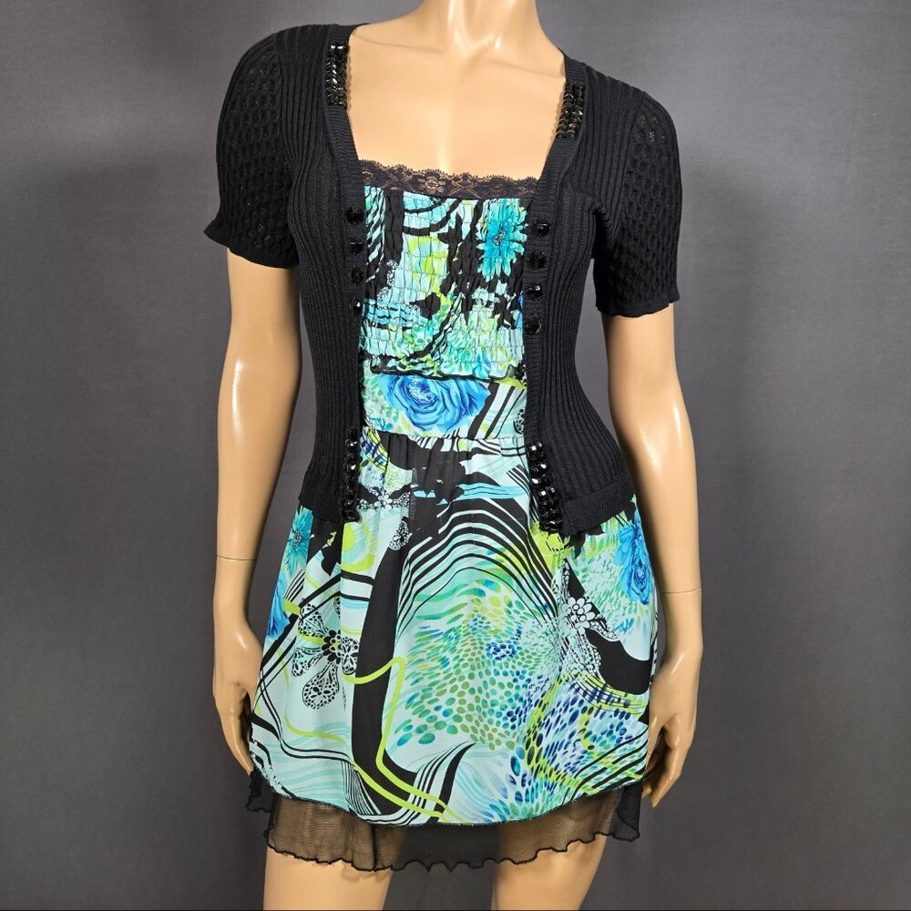 Y2K Twofer Mini Dress Size S Black Blue Floral beaded Knit Chiffon Lace Fairy